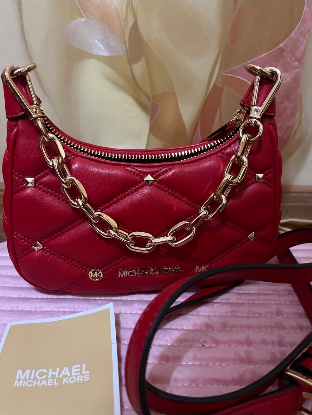 Michael Kors Red Quilted Mini Shoulder Bag with Gold Chain